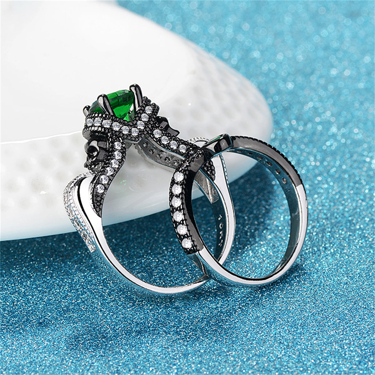 Green Crystal and Cubic Zirconia Two-Tone Skull Ring Set, jewelry gift sets for women, everyday style, styled look