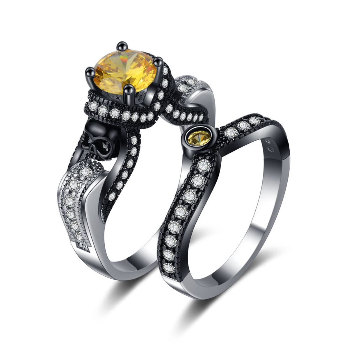 Yellow Crystal and Cubic Zirconia Skull Ring Set, jewelry gift sets for women, everyday style, front view