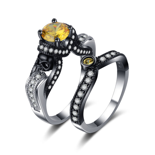 Yellow Crystal and Cubic Zirconia Skull Ring Set, jewelry gift sets for women, everyday style, front view
