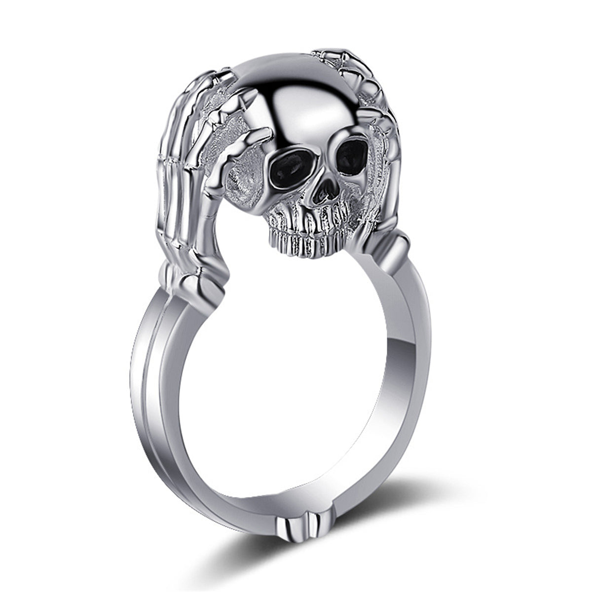Silver-Plated and Black Skull Ring, silver statement rings for women, dainty minimalist design, front view