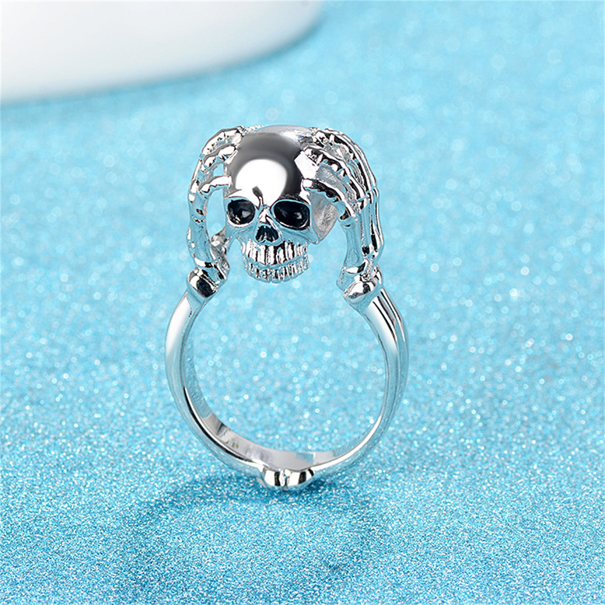 Silver-Plated and Black Skull Ring, silver statement rings for women, dainty minimalist design, side view