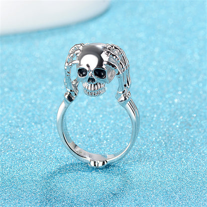 Silver-Plated and Black Skull Ring, silver statement rings for women, dainty minimalist design, side view