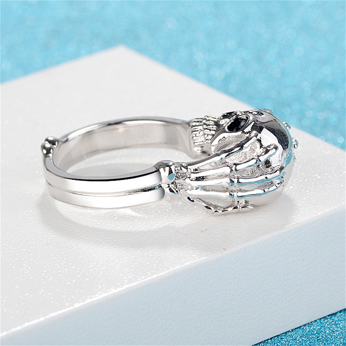 Silver-Plated and Black Skull Ring, silver statement rings for women, dainty minimalist design, lifestyle look