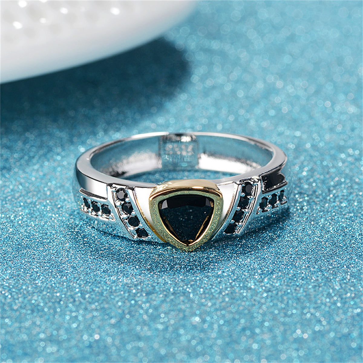 Black Crystal and Cubic Zirconia Triangle-Cut Ring, statement rings for women, vintage-inspired design, side view