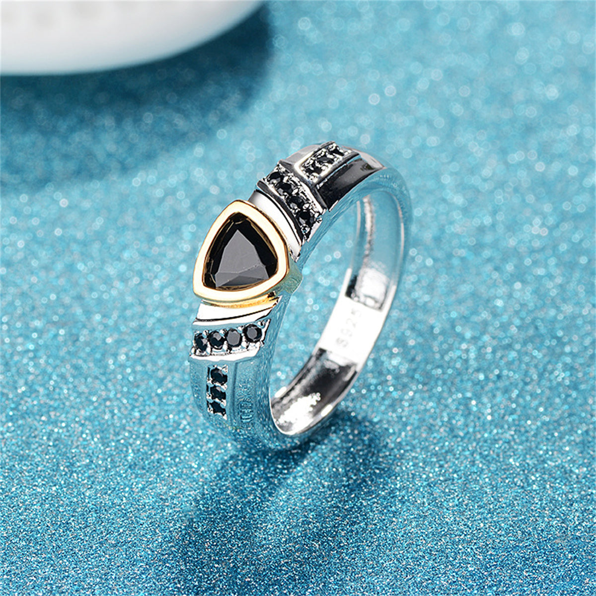 Black Crystal and Cubic Zirconia Triangle-Cut Ring, statement rings for women, vintage-inspired design, detail close-up