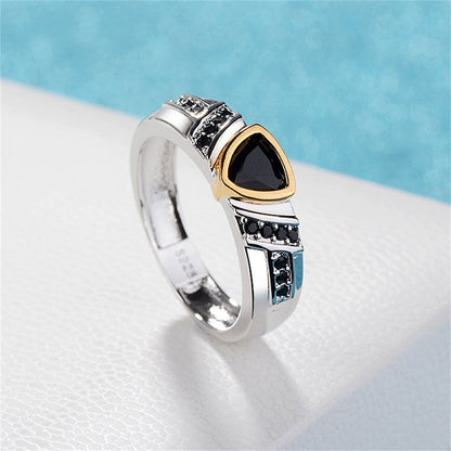 Black Crystal and Cubic Zirconia Triangle-Cut Ring, statement rings for women, vintage-inspired design, lifestyle look