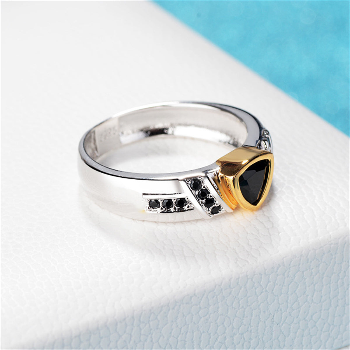 Black Crystal and Cubic Zirconia Triangle-Cut Ring, statement rings for women, vintage-inspired design, styled look