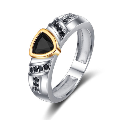 Black Crystal and Cubic Zirconia Triangle-Cut Ring, statement rings for women, vintage-inspired design, front view