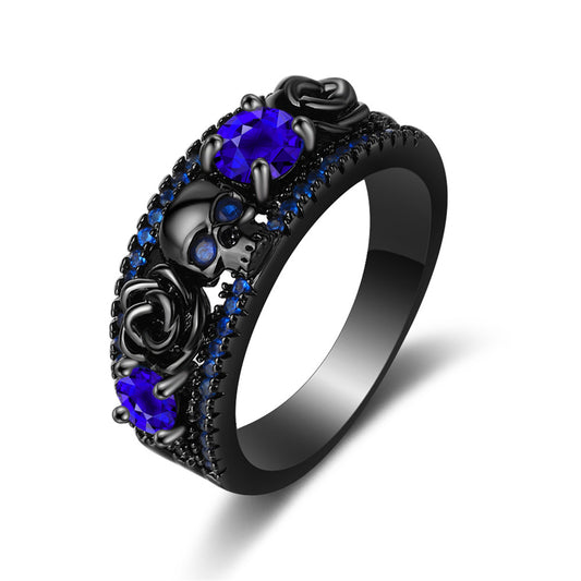 Blue Crystal and Cubic Zirconia Skull Rose Ring, statement rings for women, botanical inspired, front view