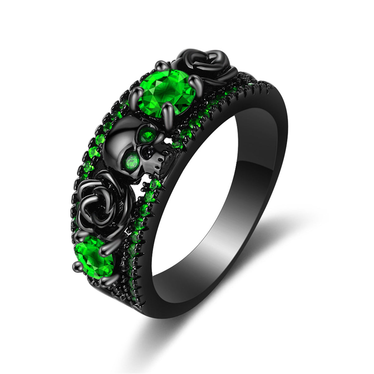 Green Crystal & Cubic Zirconia Skull Rose Ring