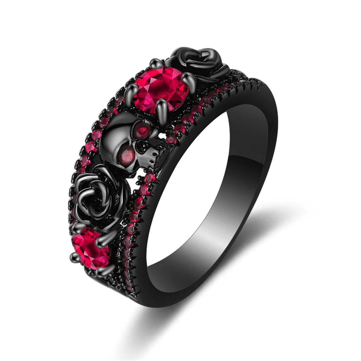 Red Crystal and Cubic Zirconia Skull Rose Ring, statement rings for women, dainty minimalist design, front view