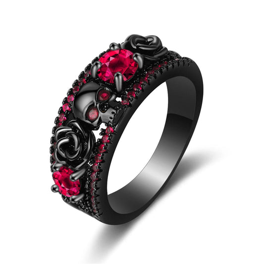 Red Crystal and Cubic Zirconia Skull Rose Ring, statement rings for women, dainty minimalist design, front view