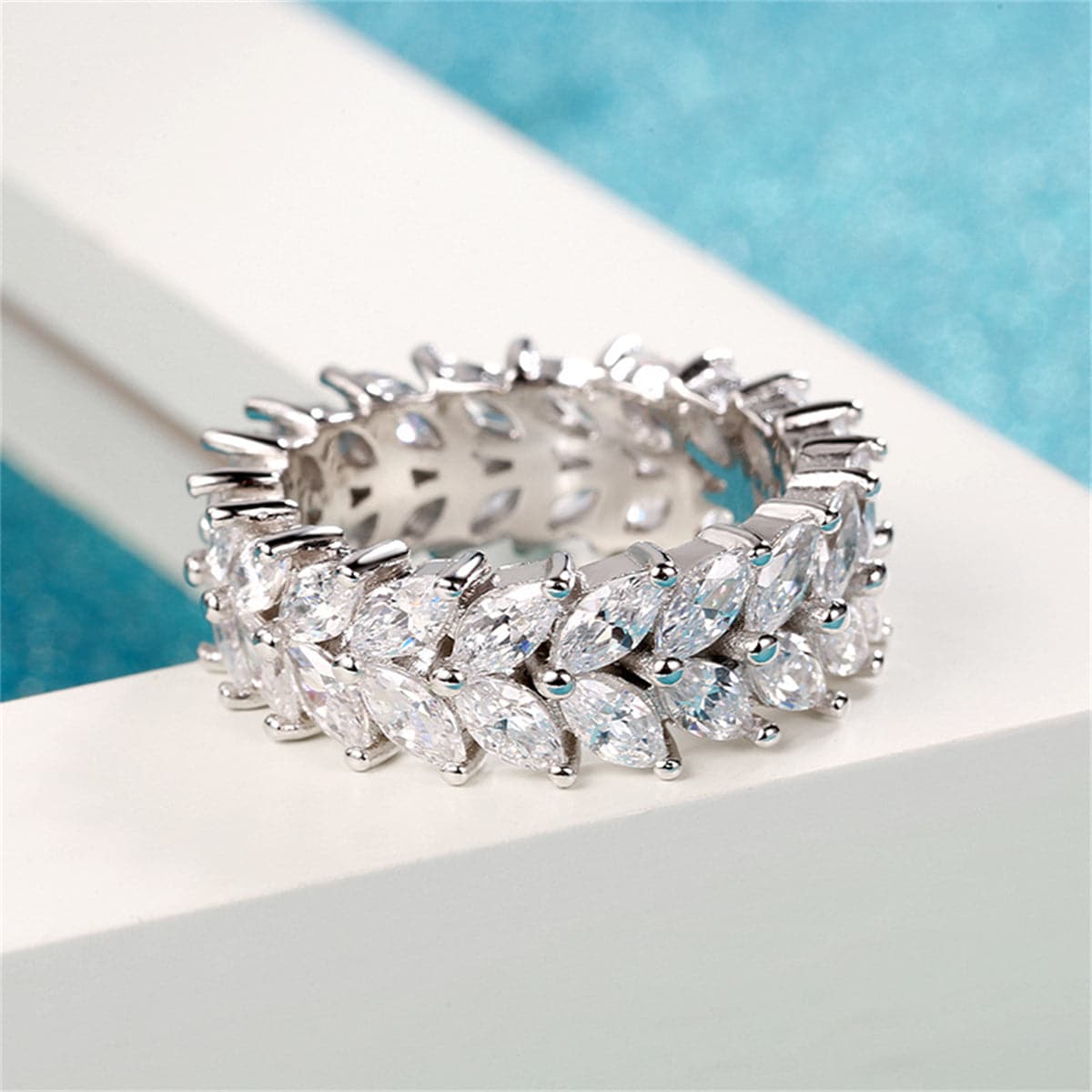 Crystal and Silver-Plated Marquise-Cut Two Rank Band Ring, silver statement rings for women, side view