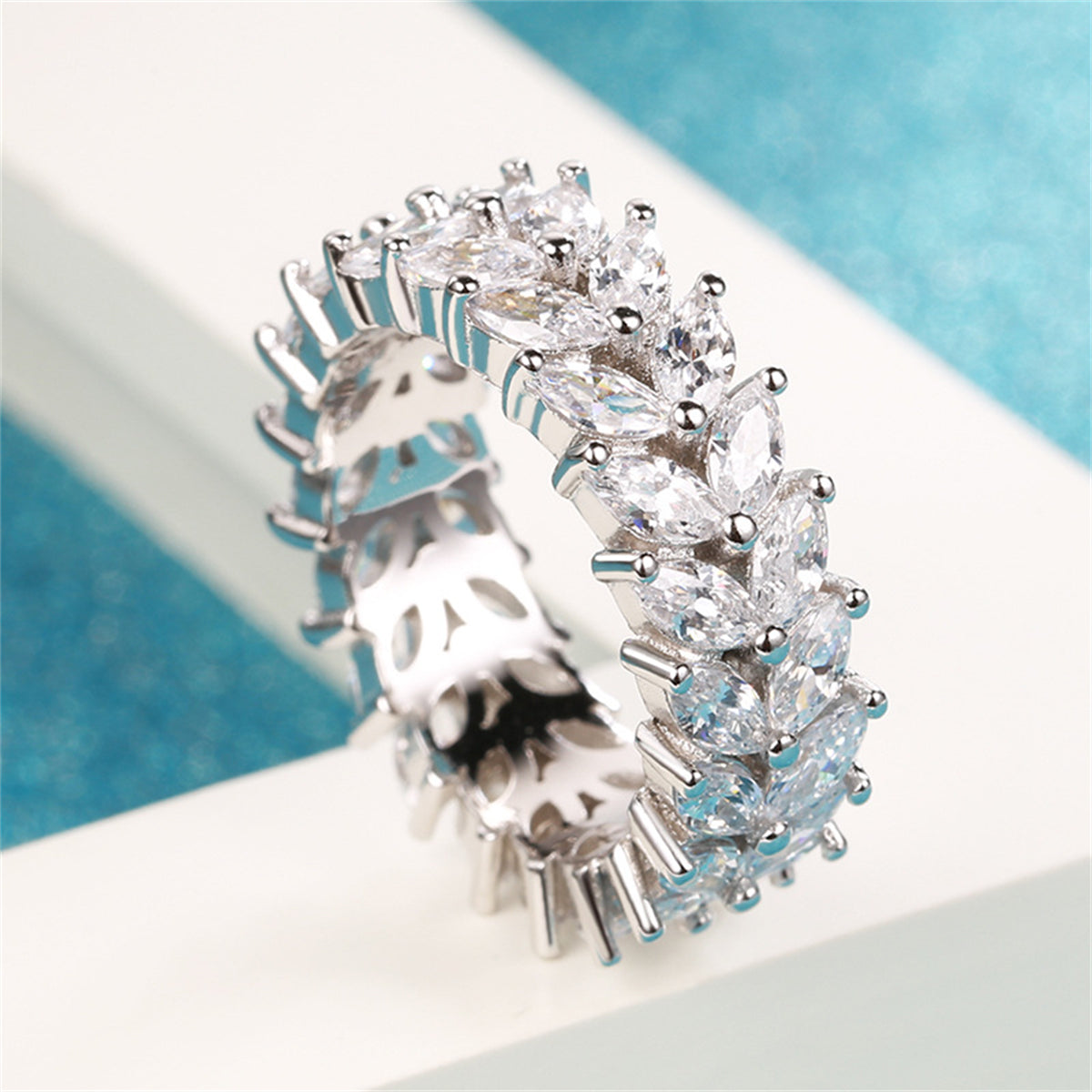 Crystal and Silver-Plated Marquise-Cut Two Rank Band Ring, silver statement rings for women, detail close-up