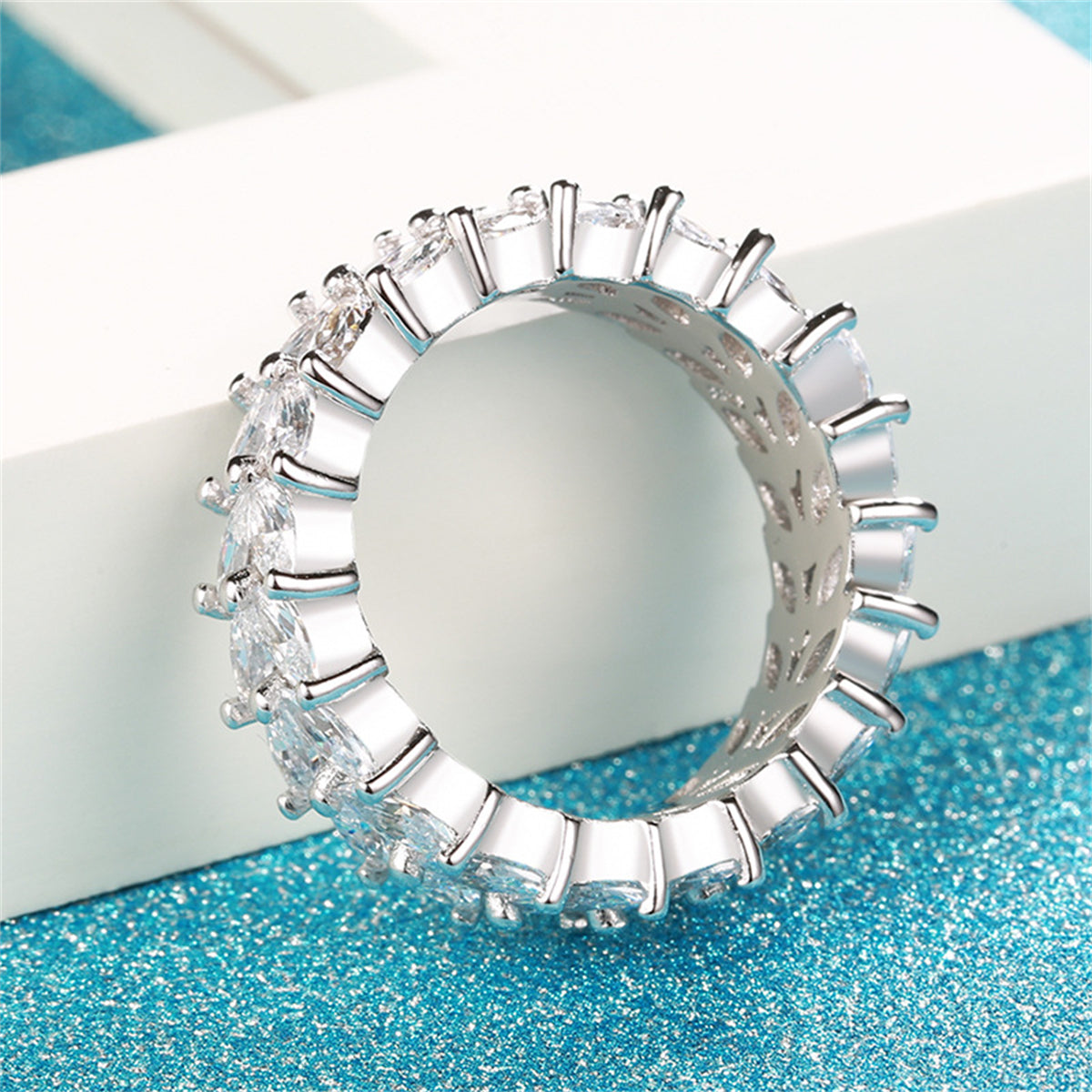 Crystal and Silver-Plated Marquise-Cut Two Rank Band Ring, silver statement rings for women, styled look