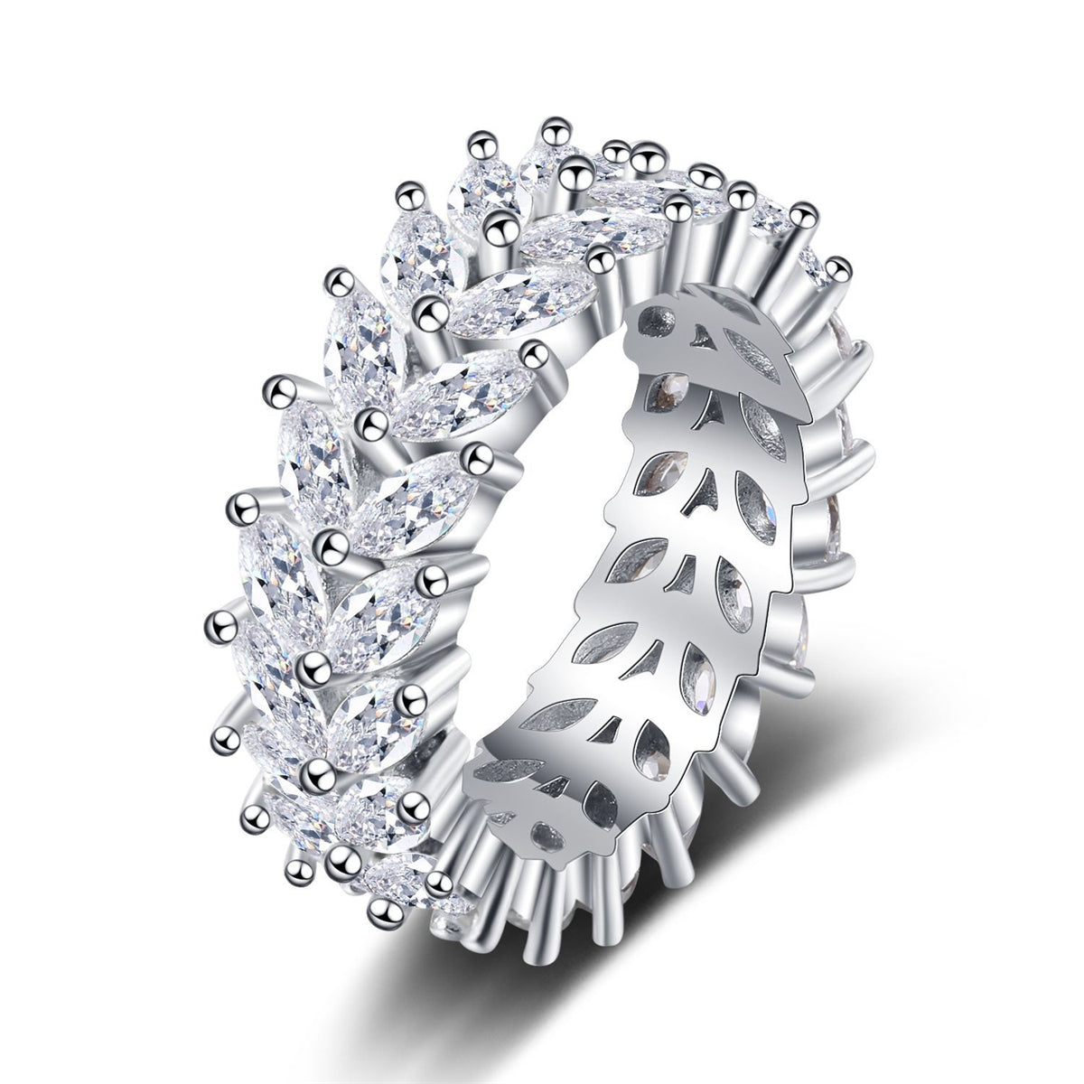 Crystal and Silver-Plated Marquise-Cut Two Rank Band Ring, silver statement rings for women, front view