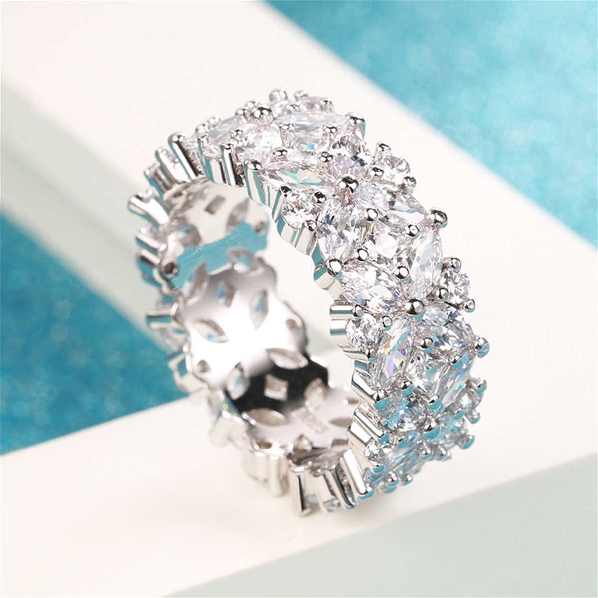 Crystal and Cubic Zirconia Silver-Plated Flower Band Ring, silver statement rings for women, everyday style, side view