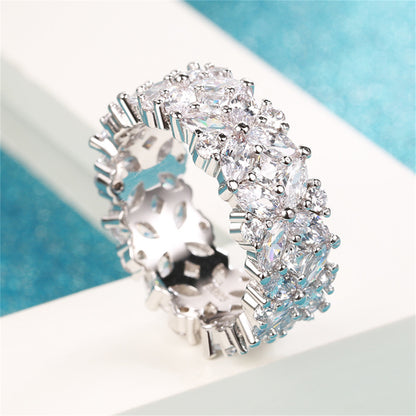 Crystal and Cubic Zirconia Silver-Plated Flower Band Ring, silver statement rings for women, everyday style, side view