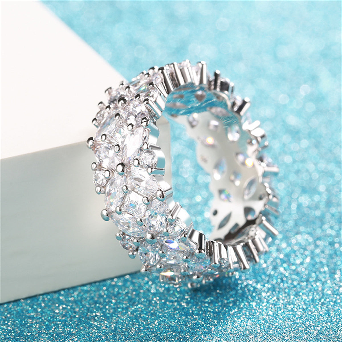 Crystal and Cubic Zirconia Silver-Plated Flower Band Ring, silver statement rings for women, everyday style, detail close-up