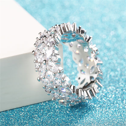 Crystal and Cubic Zirconia Silver-Plated Flower Band Ring, silver statement rings for women, everyday style, detail close-up