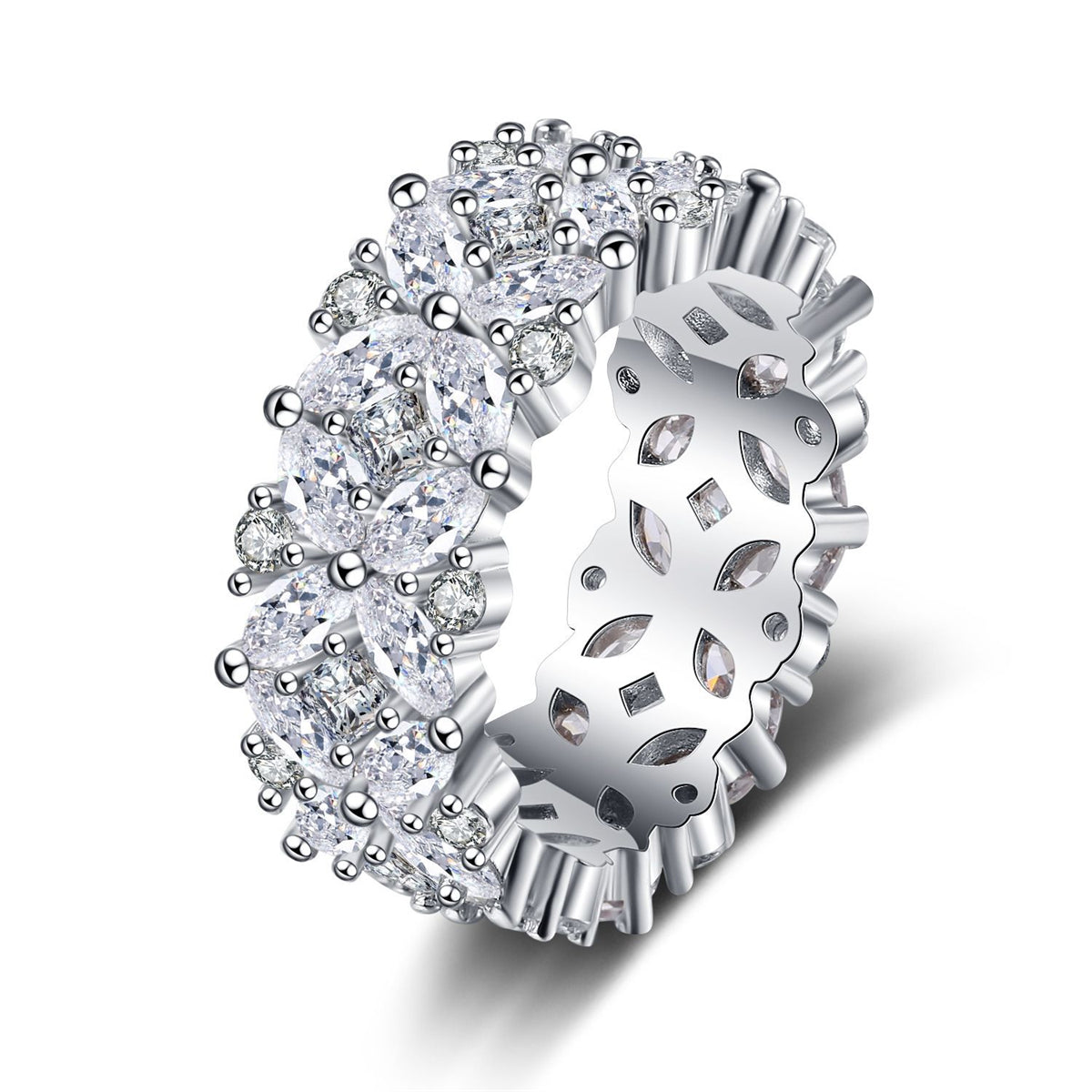 Crystal and Cubic Zirconia Silver-Plated Flower Band Ring, silver statement rings for women, everyday style, front view