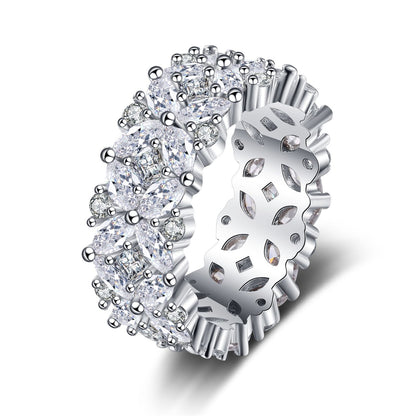 Crystal and Cubic Zirconia Silver-Plated Flower Band Ring, silver statement rings for women, everyday style, front view