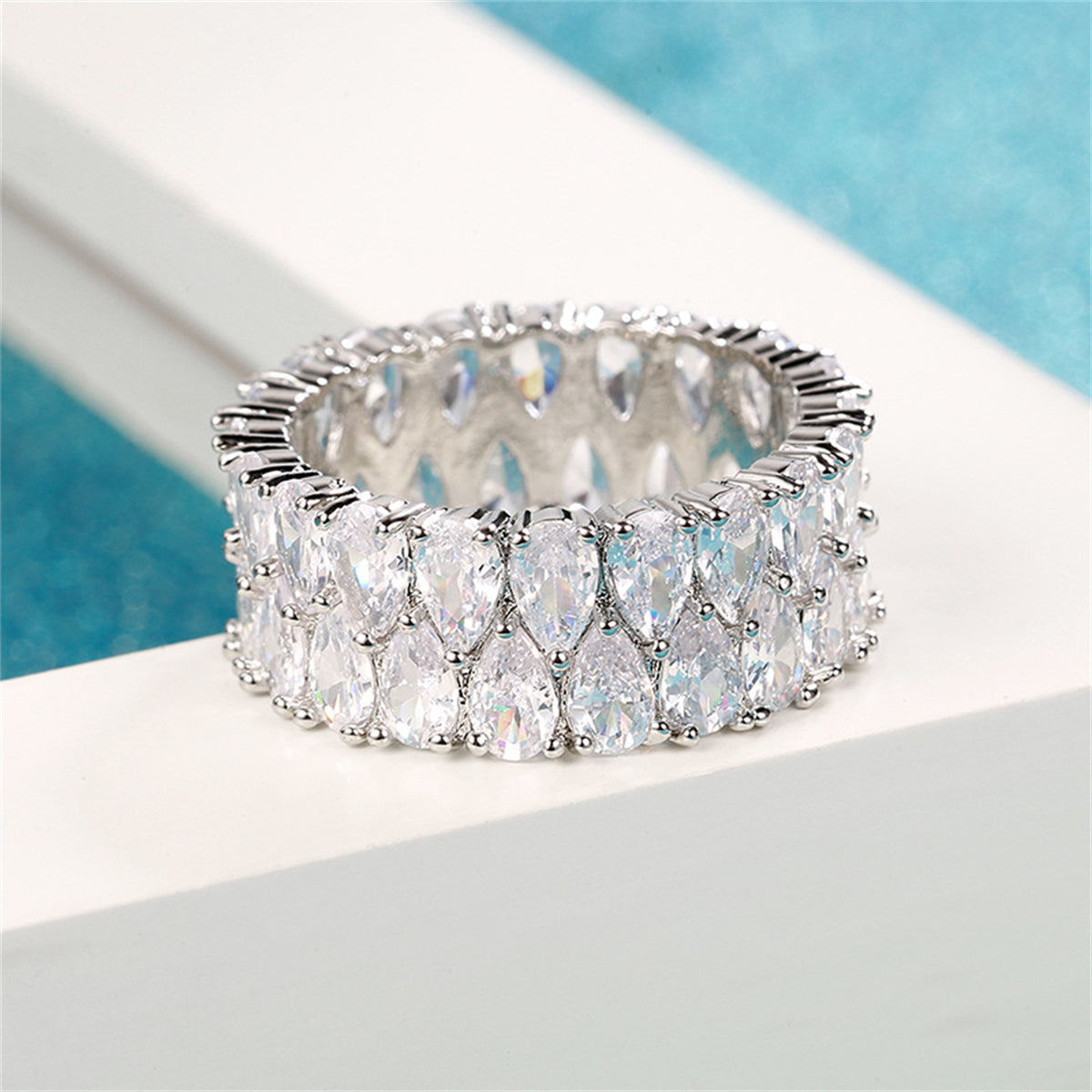 Pear Cut-Crystal and Silver-Plated Layered Band Ring, silver statement rings for women, everyday style, front view
