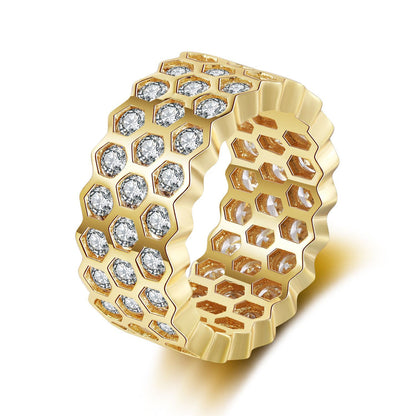 Cubic Zirconia and 18K Gold-Plated Honeycomb Band Ring, gold statement rings for women, everyday style, front view