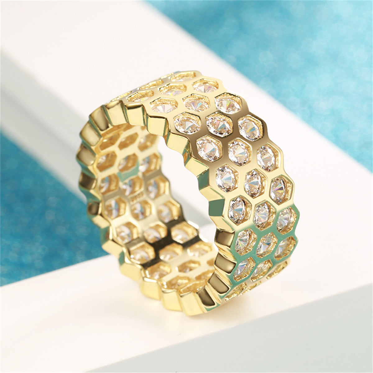 Cubic Zirconia and 18K Gold-Plated Honeycomb Band Ring, gold statement rings for women, everyday style, detail close-up