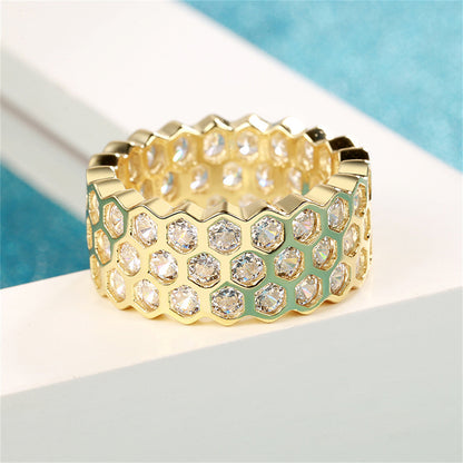 Cubic Zirconia and 18K Gold-Plated Honeycomb Band Ring, gold statement rings for women, everyday style, side view