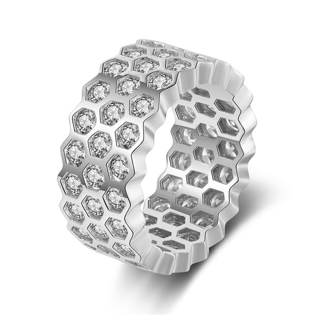Cubic Zirconia and Silver-Plated Honeycomb Band, silver statement rings for women, everyday style, front view
