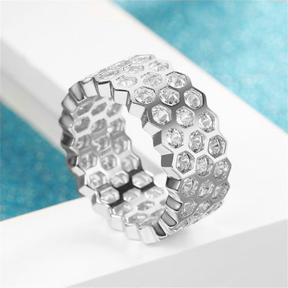 Cubic Zirconia and Silver-Plated Honeycomb Band, silver statement rings for women, everyday style, side view