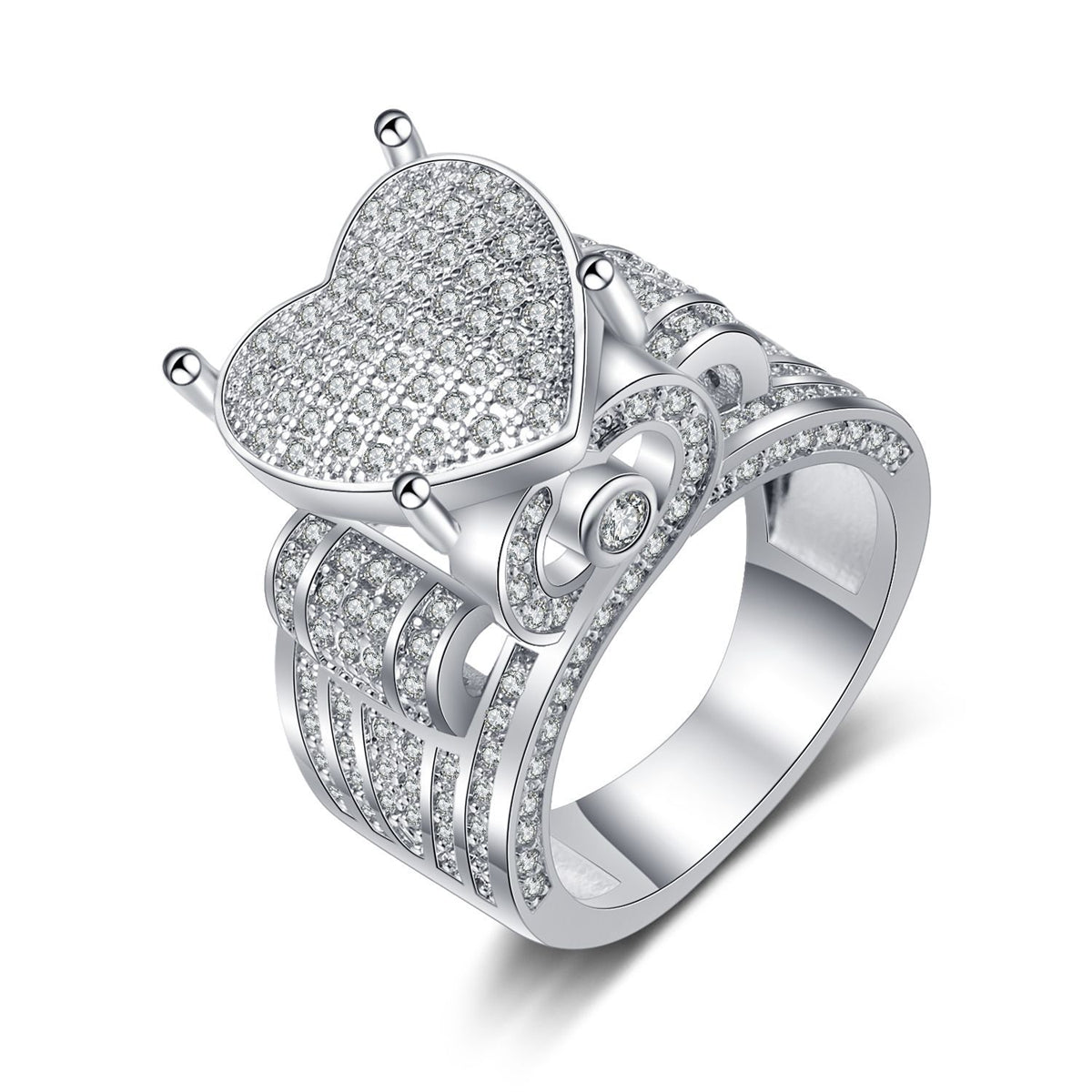 Cubic Zirconia and Silver-Plated Heart Ring, silver statement rings for women, dainty minimalist design, front view