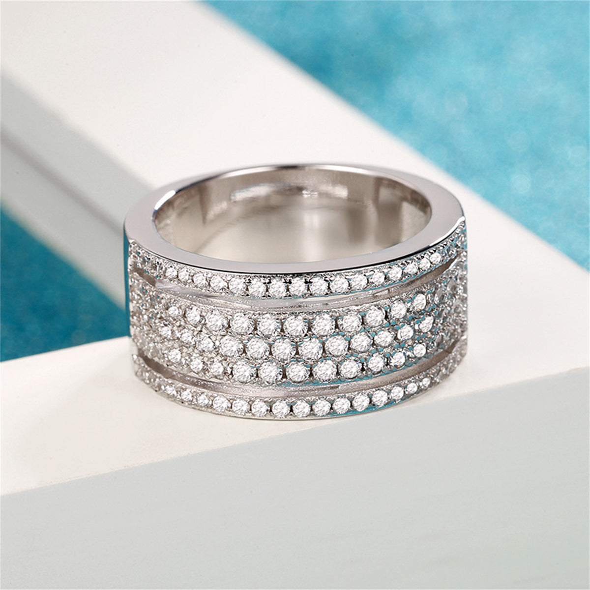 Cubic Zirconia and Silver-Plated Layered Band, silver statement rings for women, dainty minimalist design, side view