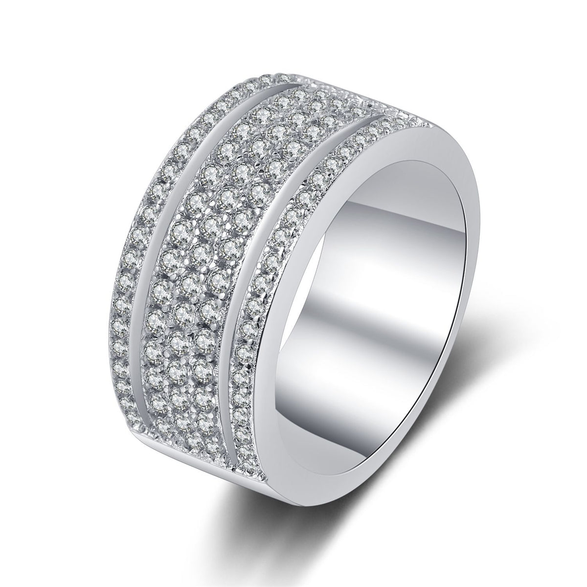 Cubic Zirconia and Silver-Plated Layered Band, silver statement rings for women, dainty minimalist design, front view