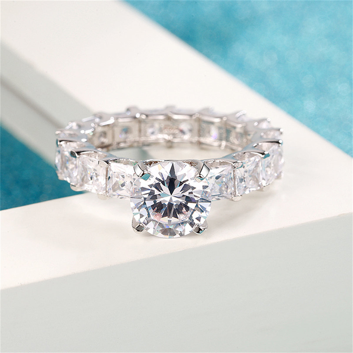Crystal Round and Princess-Cut Cocktail Ring, statement rings for women, elegant gift for her, detail close-up