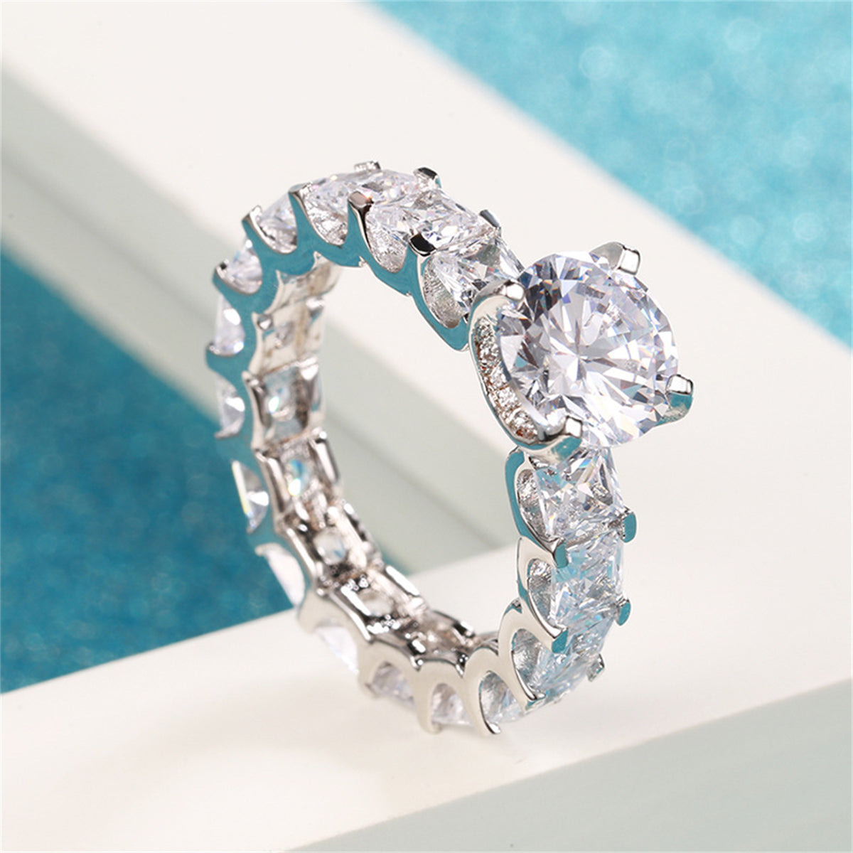 Crystal Round and Princess-Cut Cocktail Ring, statement rings for women, elegant gift for her, side view