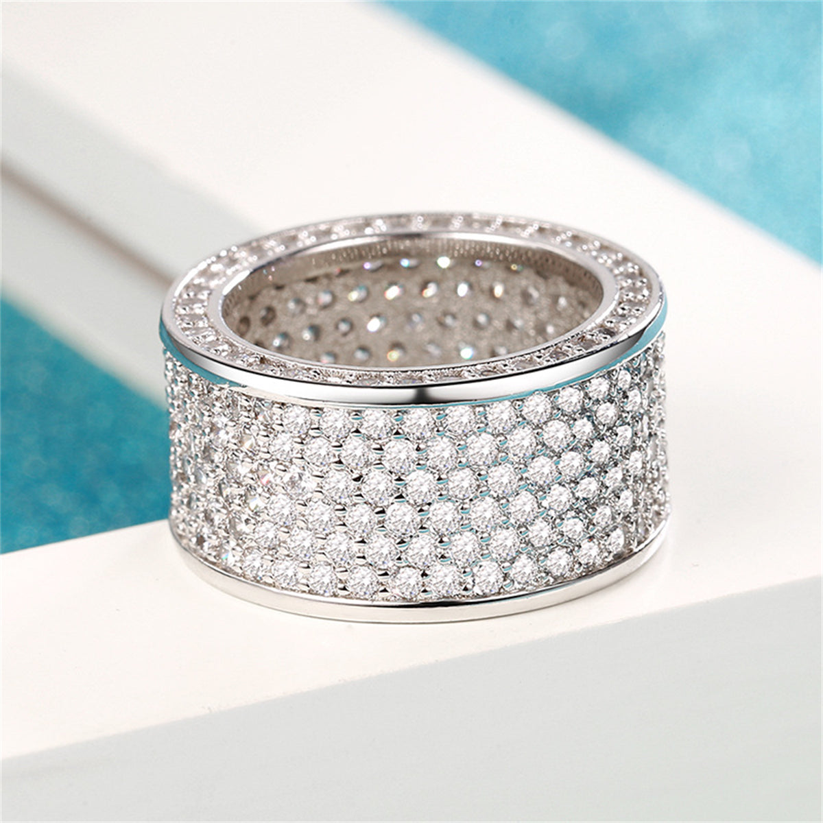 Cubic Zirconia and Silver-Plated Wide Band Ring, silver statement rings for women, botanical inspired, side view