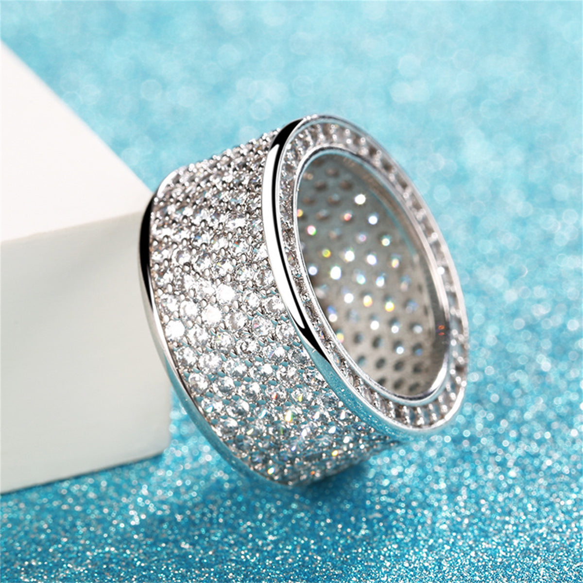 Cubic Zirconia and Silver-Plated Wide Band Ring, silver statement rings for women, botanical inspired, lifestyle look