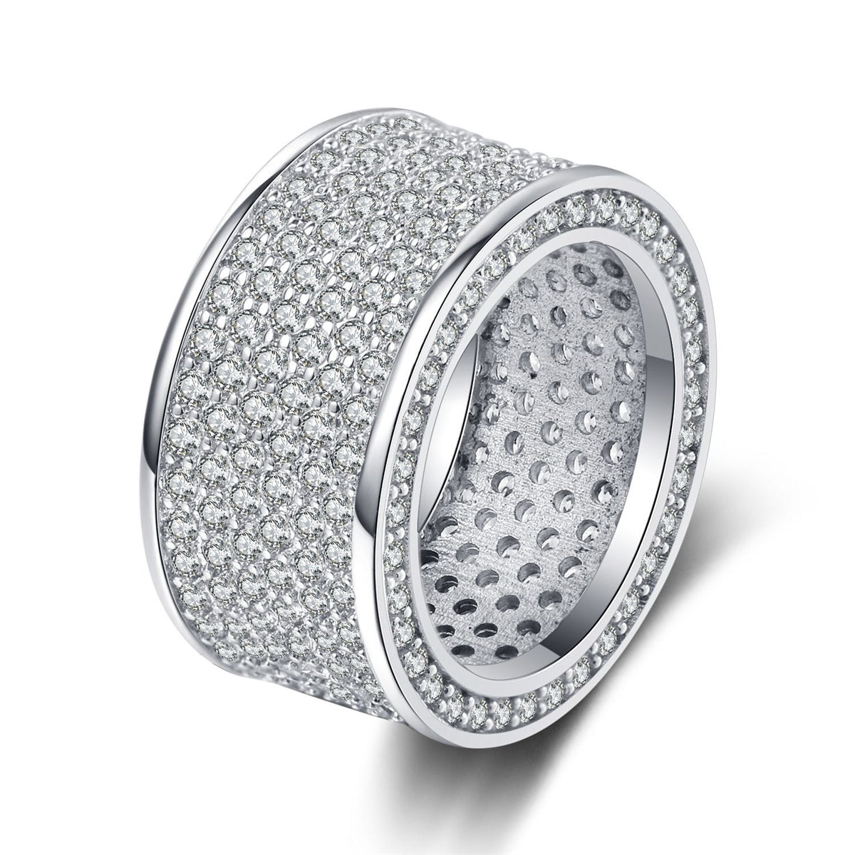 Cubic Zirconia and Silver-Plated Wide Band Ring, silver statement rings for women, botanical inspired, front view