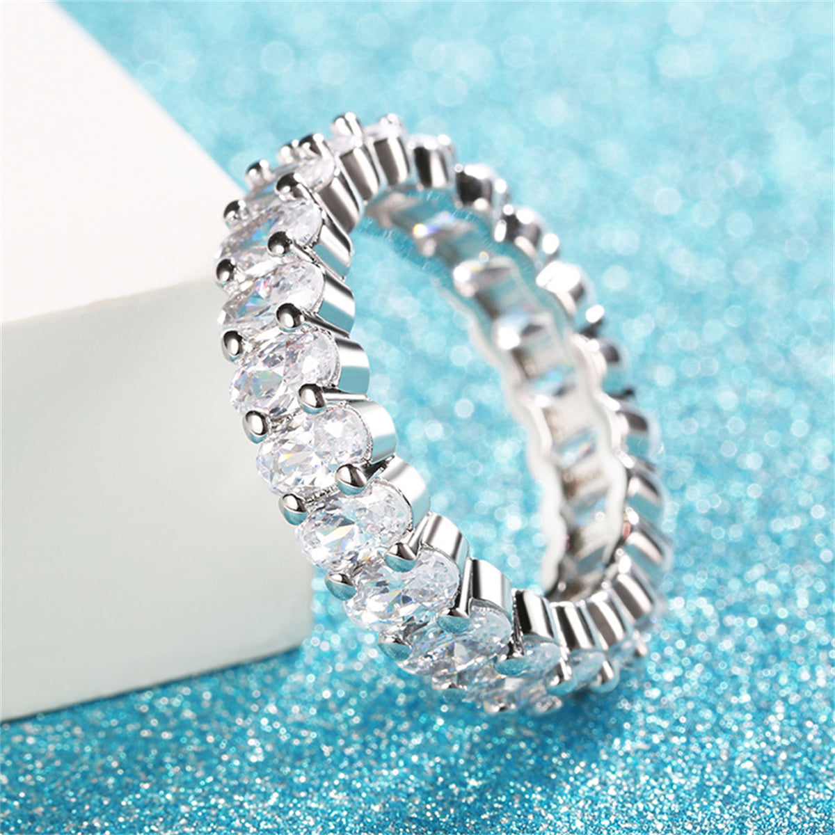 Clear Crystal and Silver-Plated Oval Band Ring, silver statement rings for women, everyday style, lifestyle look