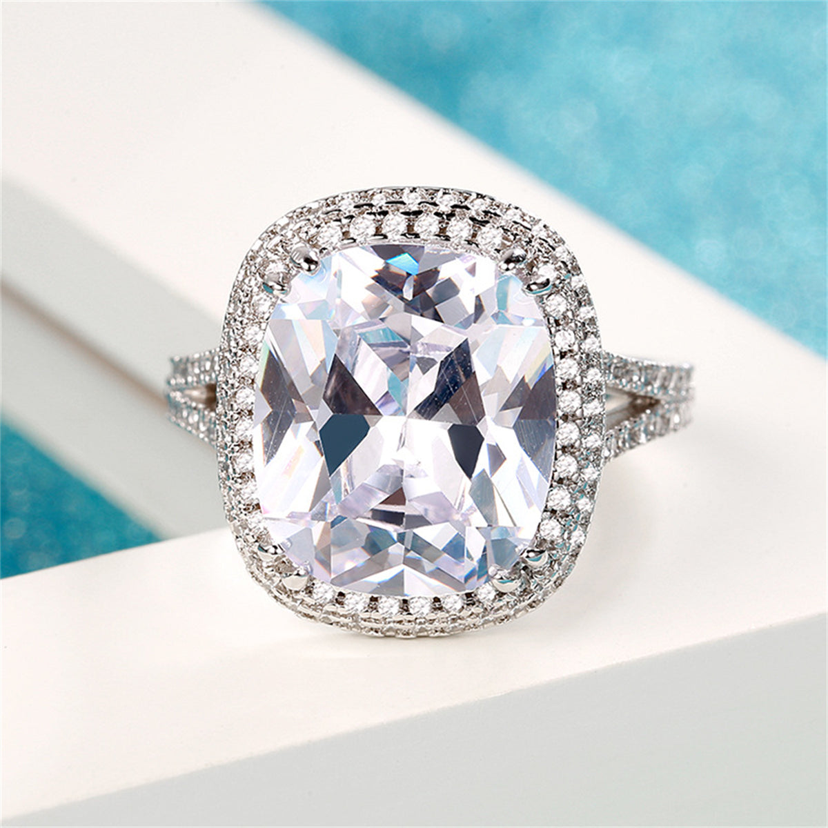 Crystal and Cubic Zirconia Silver-Plated Cushion Ring, silver statement rings for women, vintage-inspired design, front view