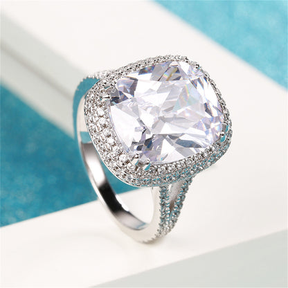 Crystal and Cubic Zirconia Silver-Plated Cushion Ring, silver statement rings for women, detail close-up