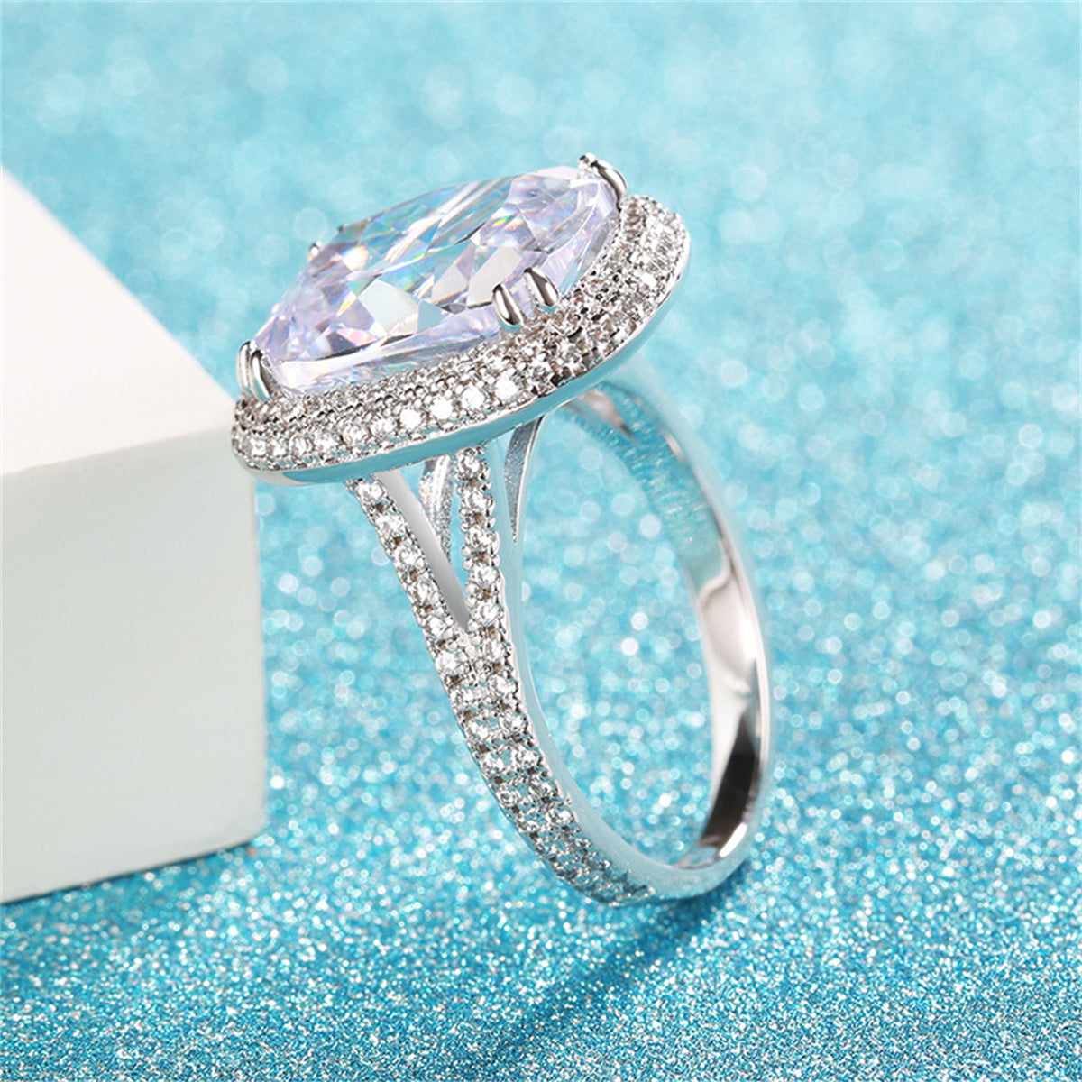 Crystal and Cubic Zirconia Silver-Plated Cushion Ring, silver statement rings for women, lifestyle look
