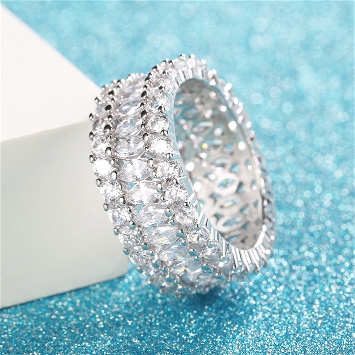 Crystal and Cubic Zirconia Silver-Plated Marquise Layer Ring, silver statement rings for women, detail close-up