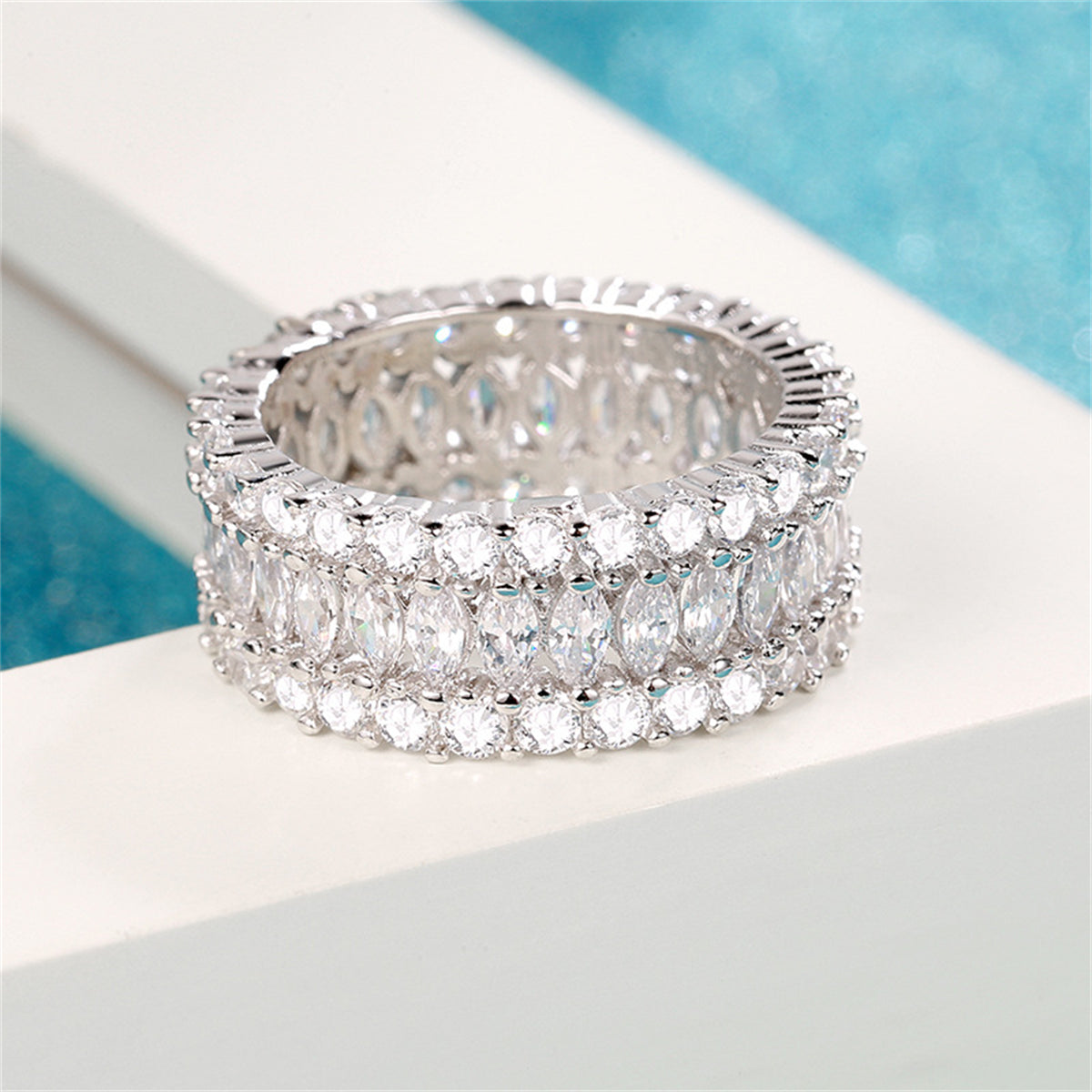 Crystal and Cubic Zirconia Silver-Plated Marquise Layer Ring, silver statement rings for women, lifestyle look
