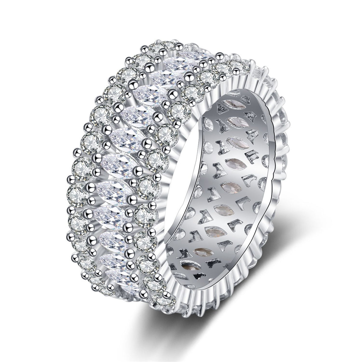 Crystal and Cubic Zirconia Silver-Plated Marquise Layer Ring, silver statement rings for women, front view