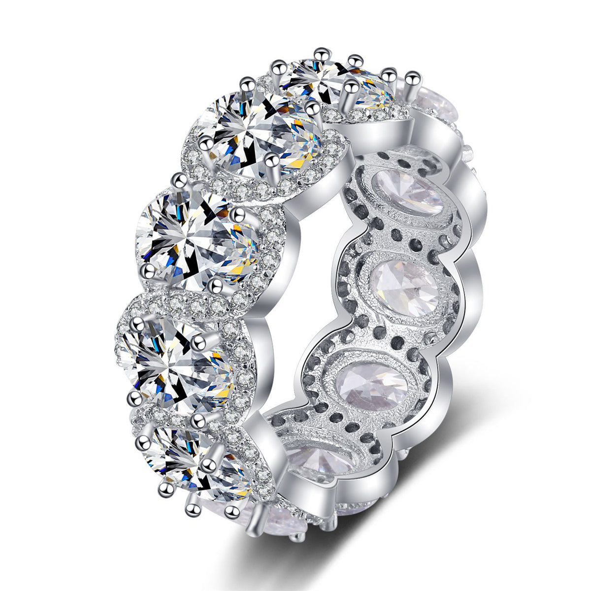 Crystal and Cubic Zirconia Oval-Cut Halo Band Ring, statement rings for women, everyday style, front view