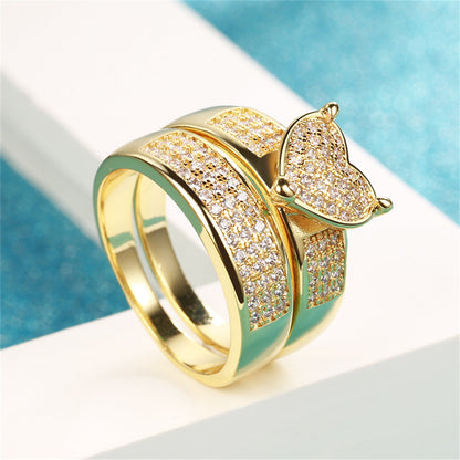 Cubic Zirconia and 18K Gold-Plated Heart Band Ring Set, jewelry gift sets for women, vintage-inspired design, detail close-up