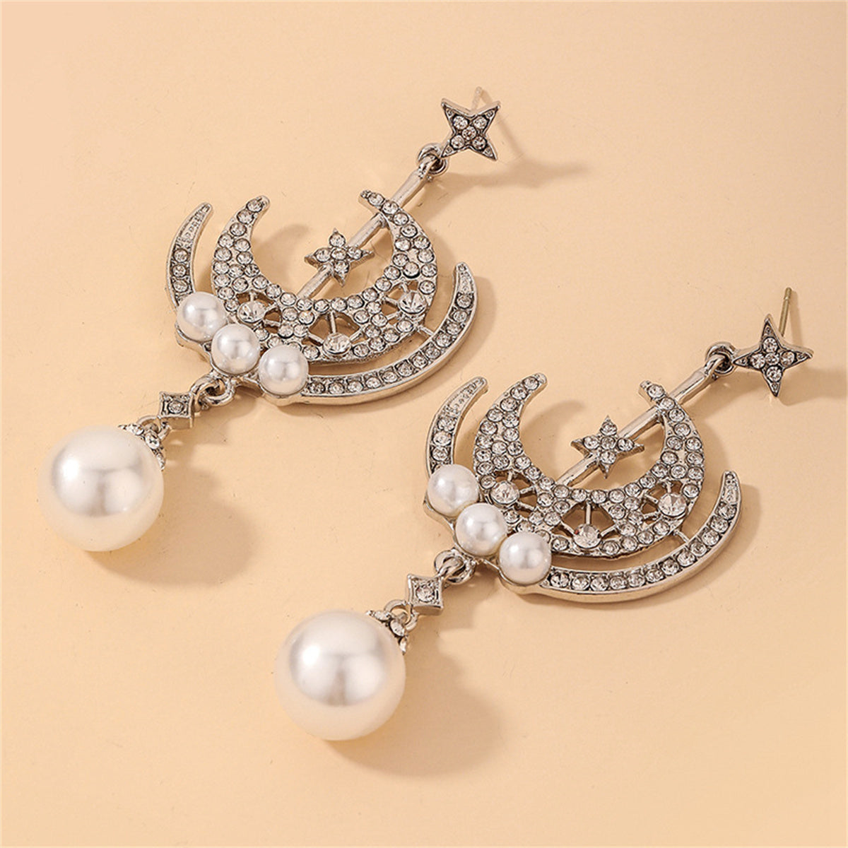 Cubic Zirconia & Pearl Silver-Plated Celestial Star Drop Earrings